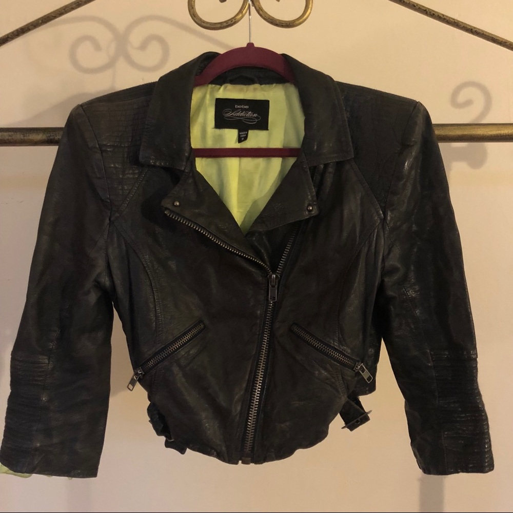 Bebe real leather navy moto jacket w/ lime lining